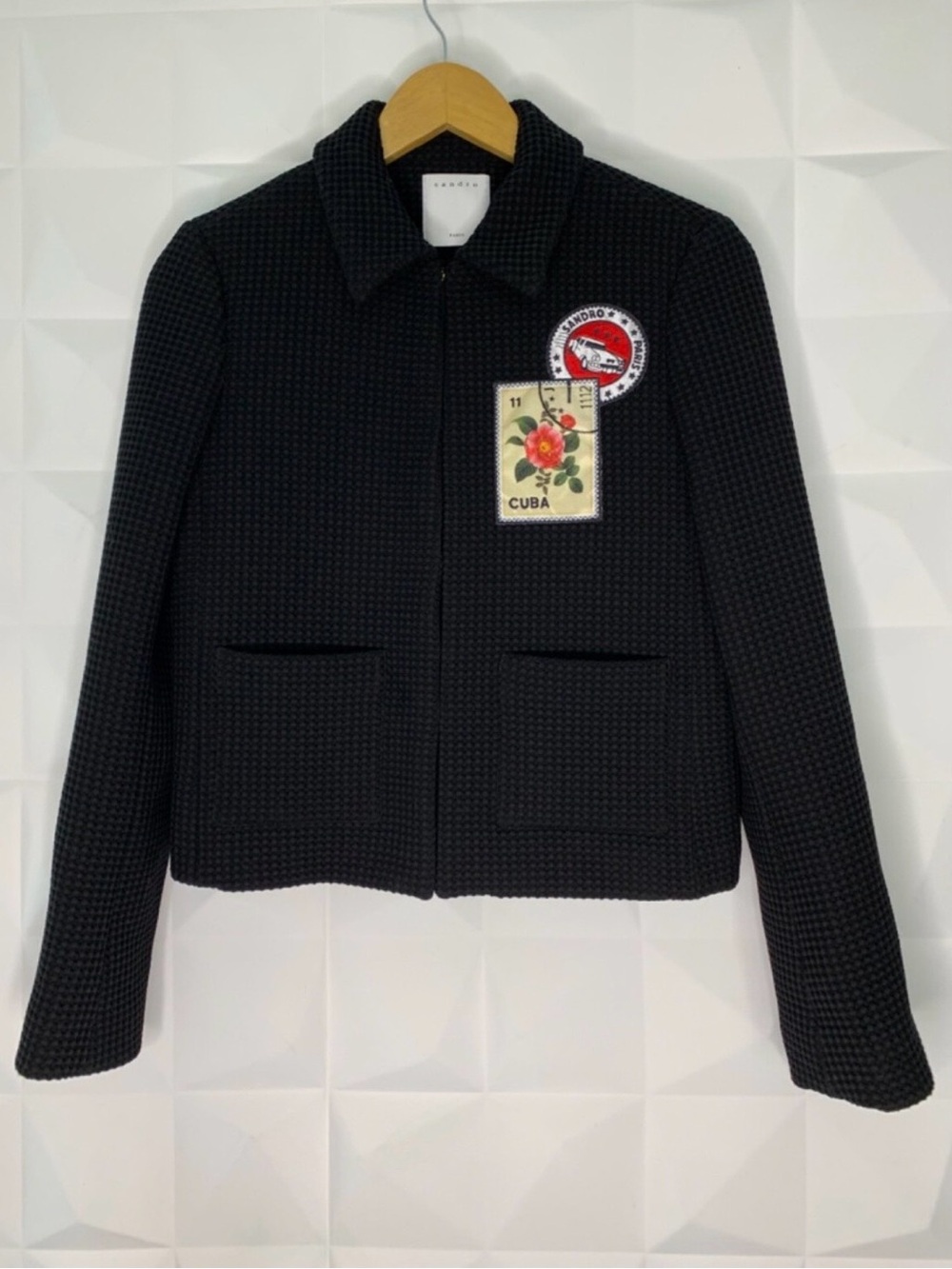 Sandro Black Textured Collar Blazer Jacket with Patch Details